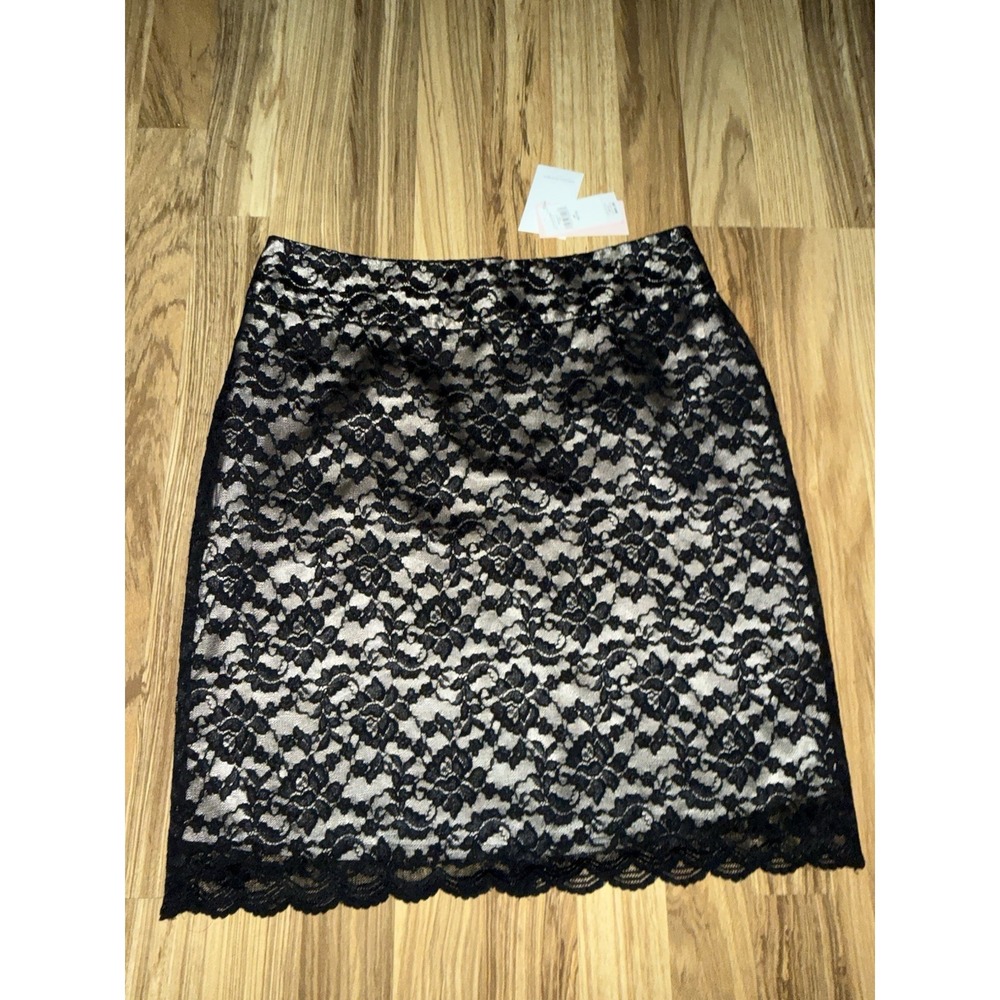 Banana Republic New 8P Black Lace Overlay Pencil Skirt Lined Short Party Shiny